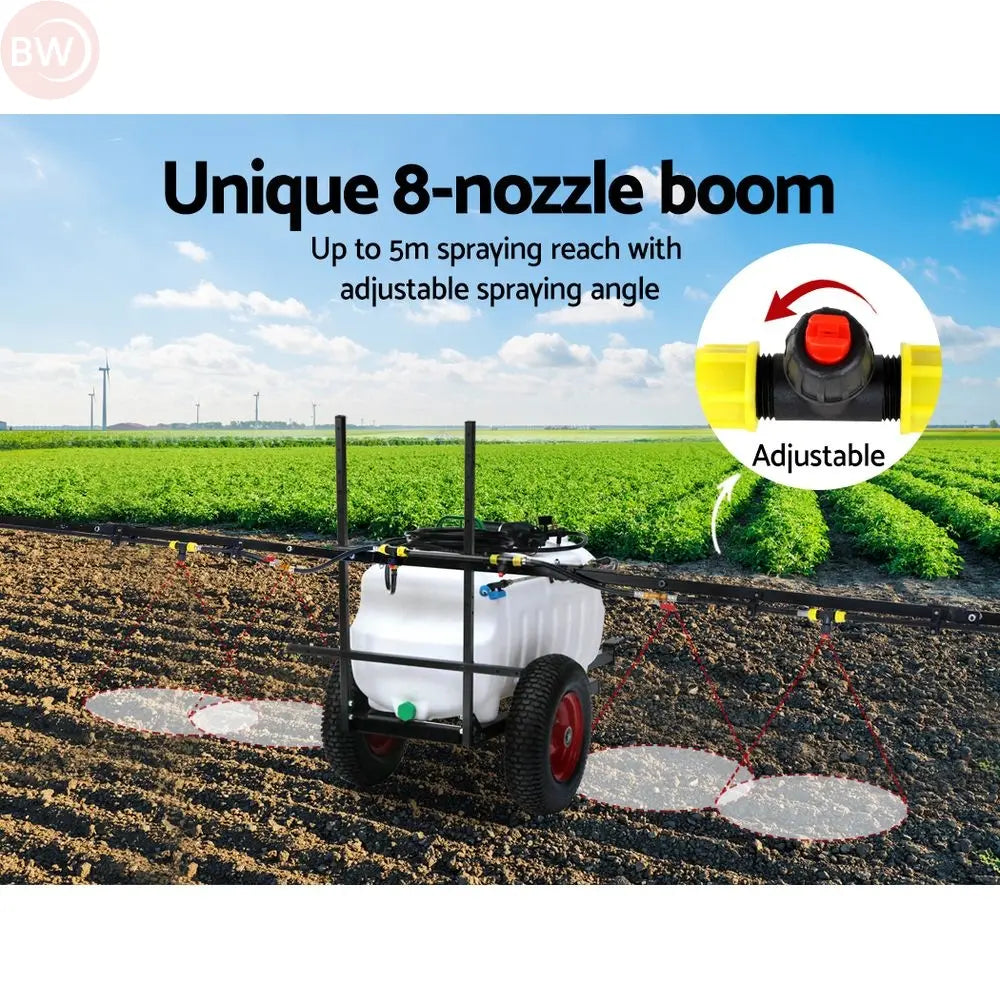 Trailer weed sprayer with 8-nozzle boom, white tank and red wheel