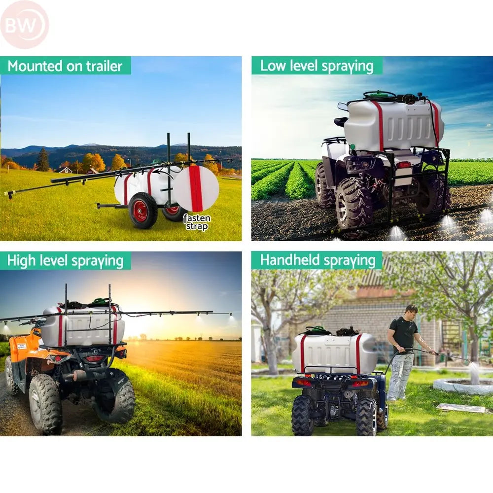 Trailer weed sprayer on wheels with adjustable boom shown in multiple spraying setups