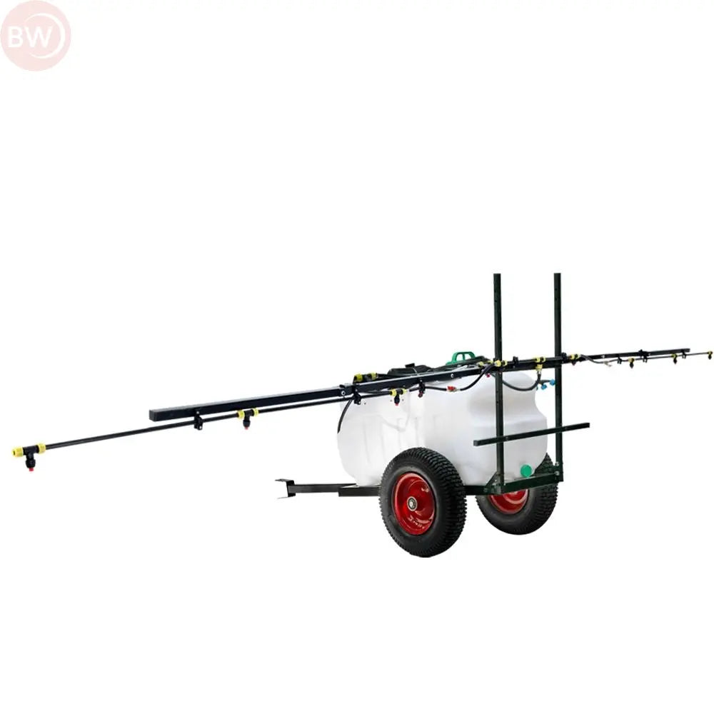 Trailer weed sprayer with white tank, long black boom, red wheel and support frame