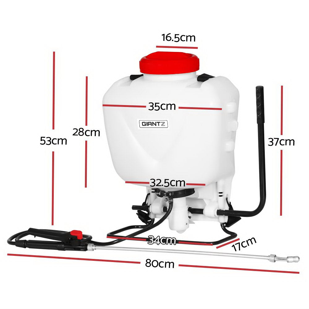 15L knapsack weed sprayer with white tank, red cap, black pump frame and long wand
