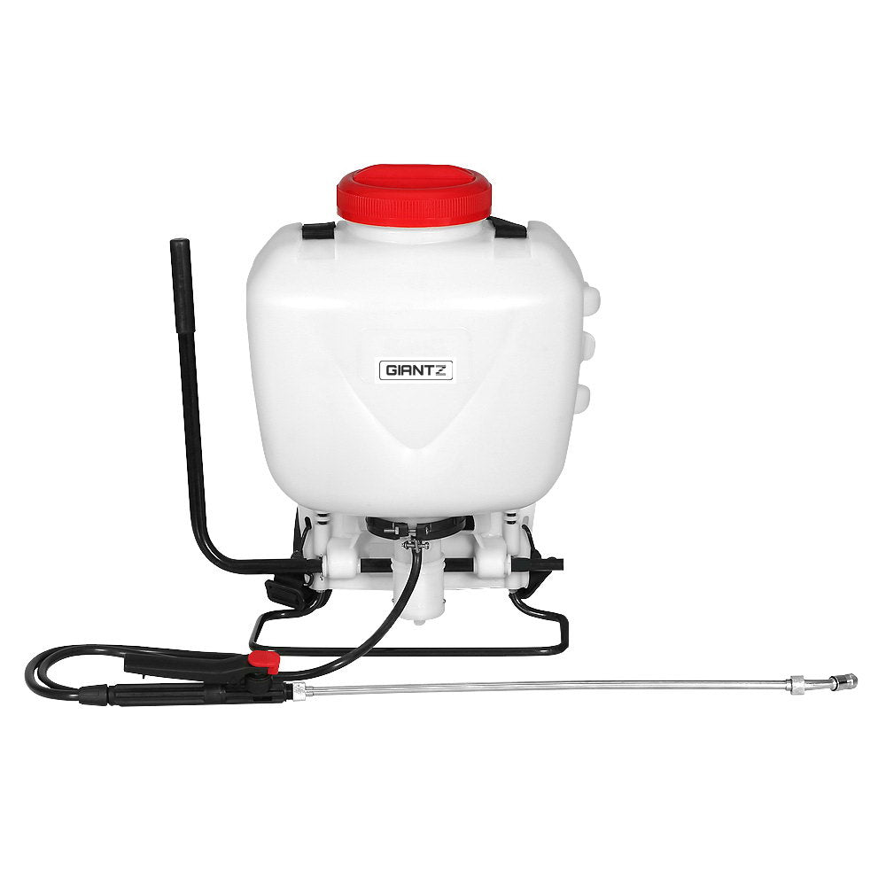 15L knapsack weed sprayer with white tank, red cap, black hand wand and spray hose