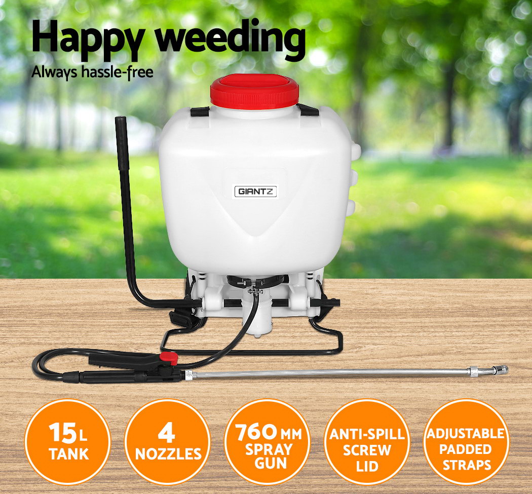 15L knapsack weed sprayer on wood surface with white tank, red cap, wand and hose