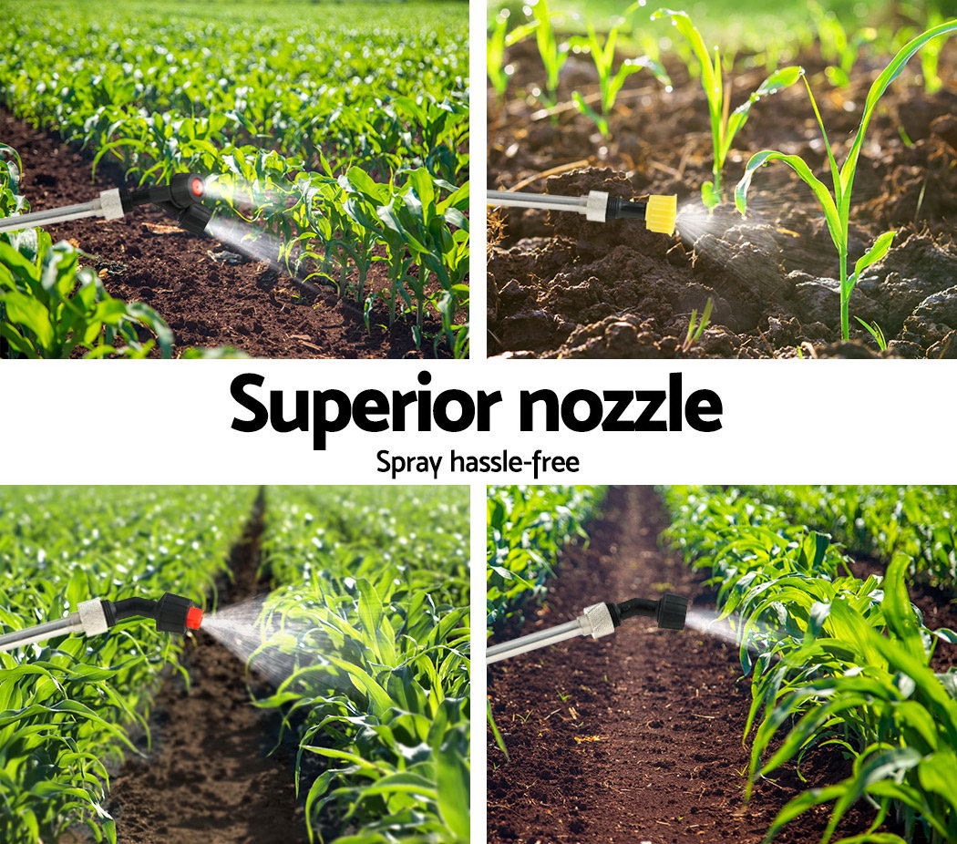 Weed sprayer nozzle spraying over garden plants with wand and hose