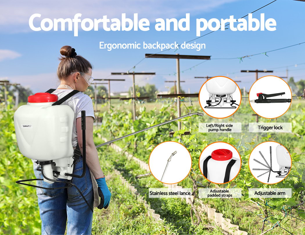 Backpack weed sprayer with white tank, red cap, adjustable straps and stainless spray lance