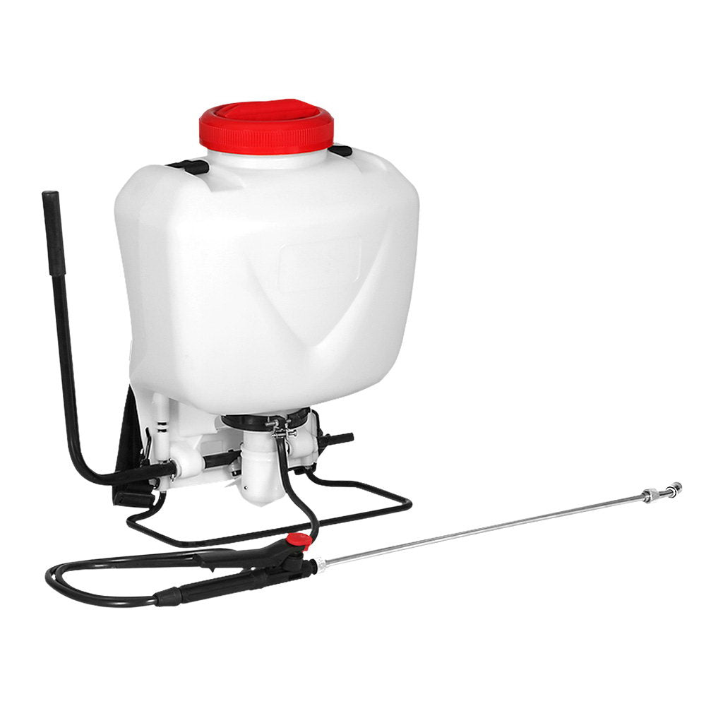 15L knapsack weed sprayer with white tank, red cap, black frame and adjustable spray wand