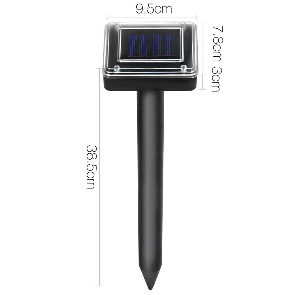 Solar-powered repellent stake with clear solar panel cover and pointed base