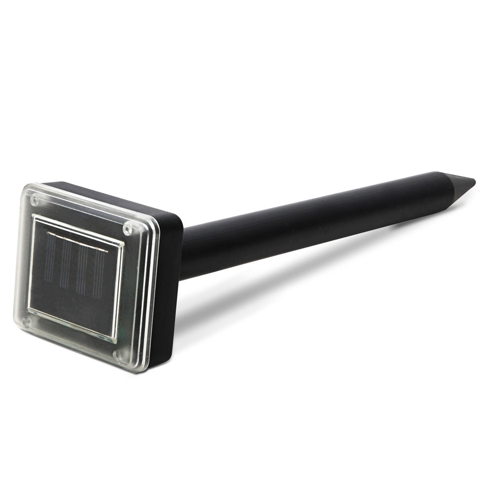 Solar-powered repellent stake with angled rectangular solar panel head