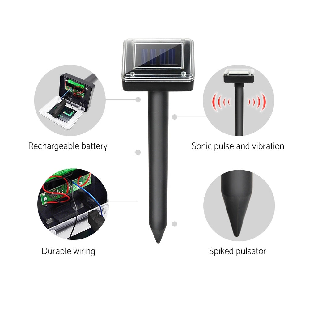 Solar-powered repellent stake diagram showing rechargeable battery and wiring