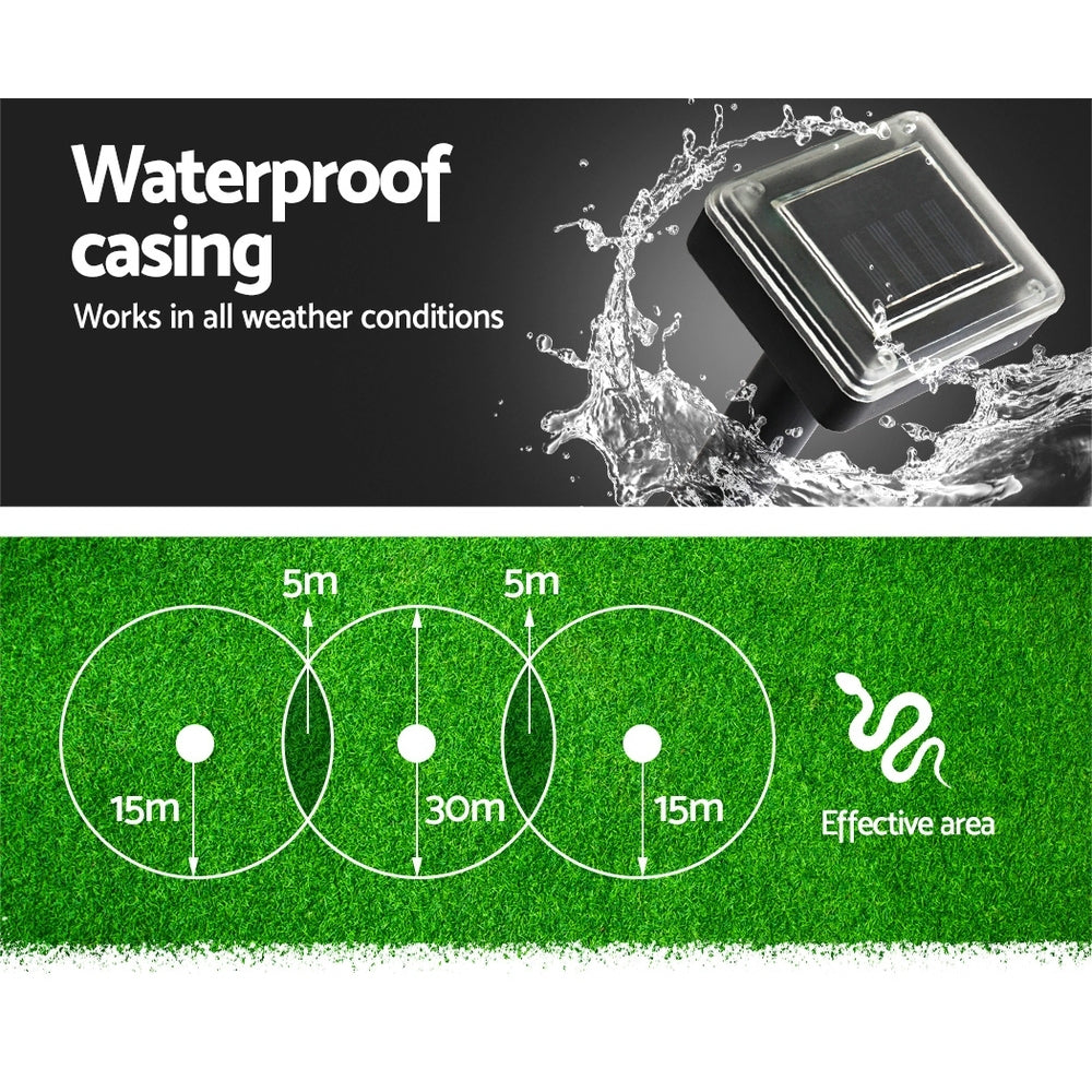 Waterproof solar-powered repellent stake with splash graphic and effective area circles
