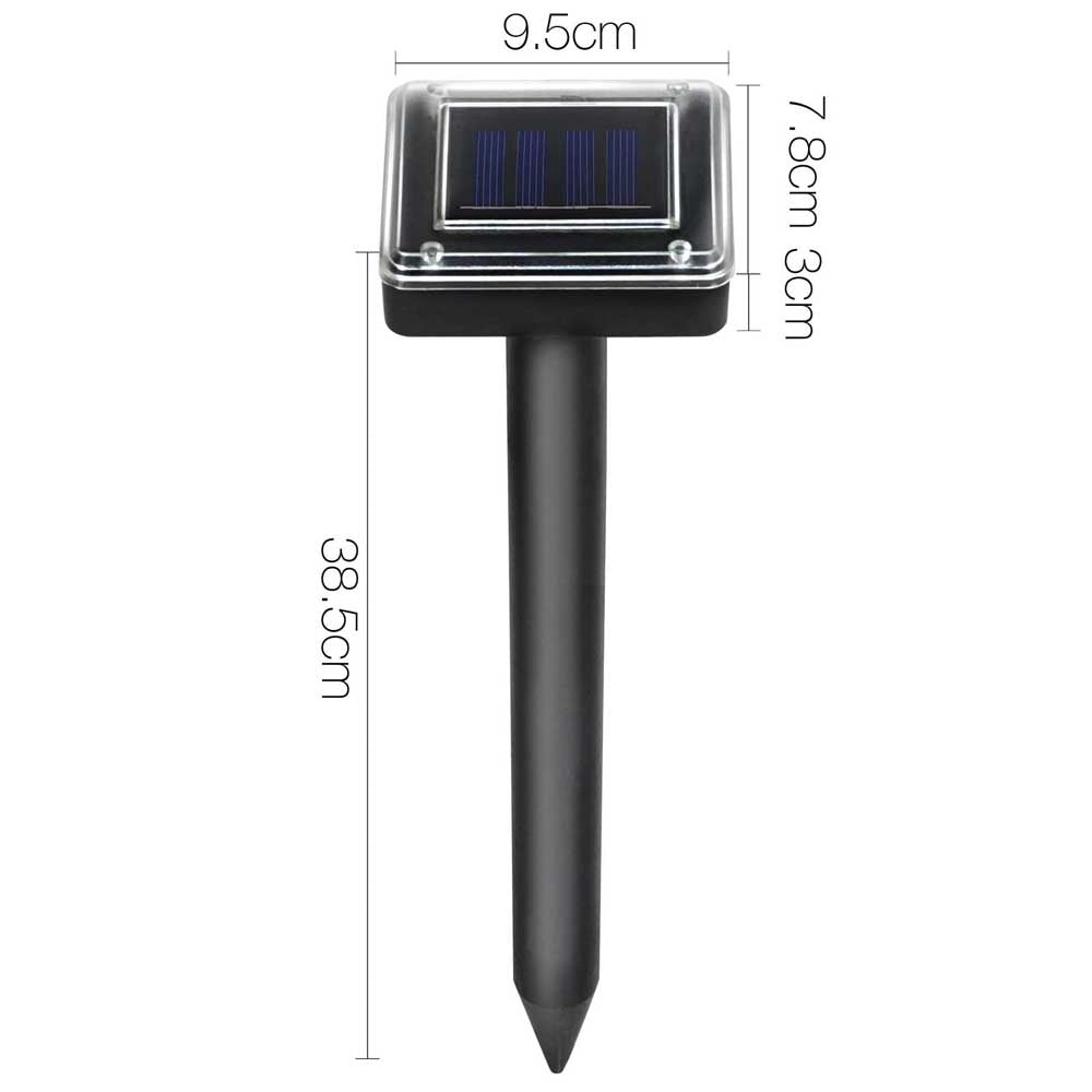 Solar ultrasonic pest repeller dimensions showing black stake and solar panel top