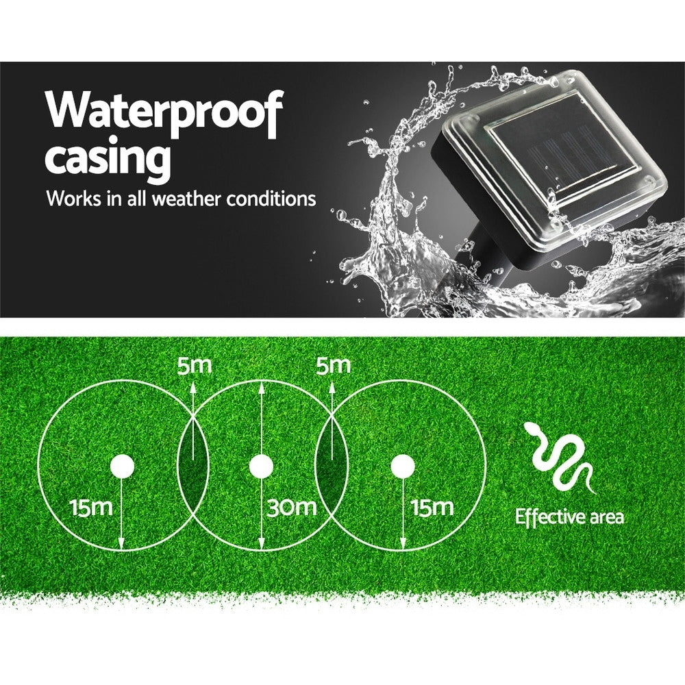Solar ultrasonic pest repeller with waterproof solar housing and effective coverage diagram