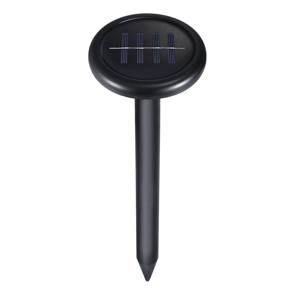 Solar-powered snake repellent stake with round solar top and pointed spike