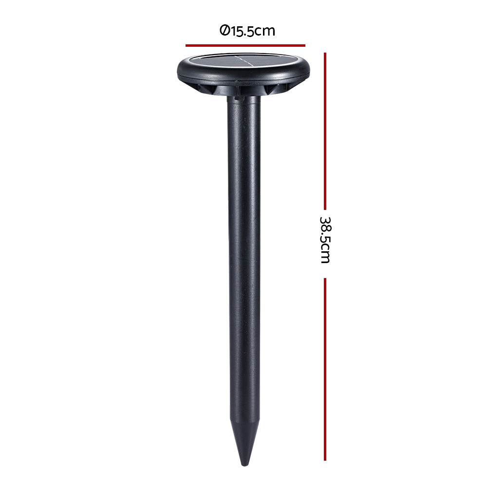 Solar-powered snake repellent stake, round solar top and tall pointed spike