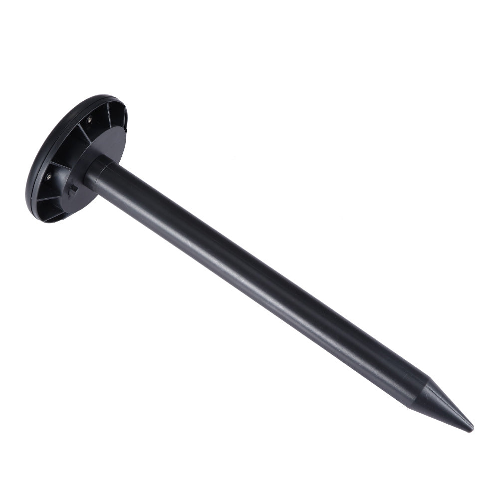 Solar-powered snake repellent stake with wide round base and pointed tip