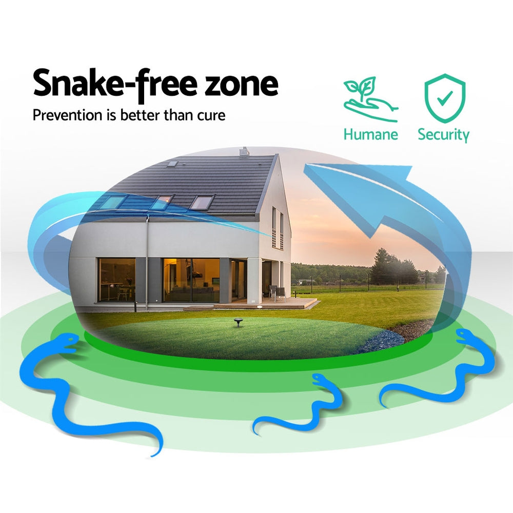 Solar-powered snake repellent stake with circular solar panel on top