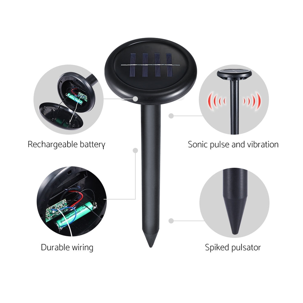 Solar-powered snake repellent stake with inset view of internal wiring