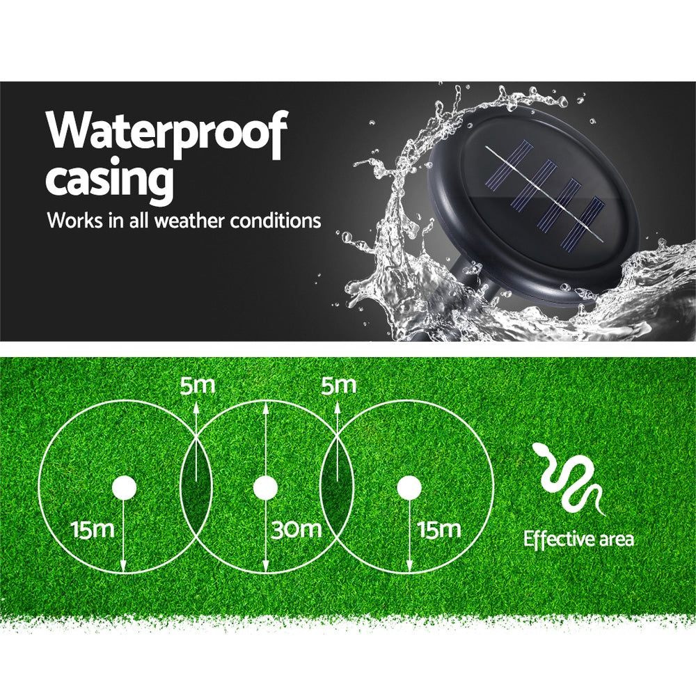 Solar-powered snake repellent stake with waterproof circular solar cover