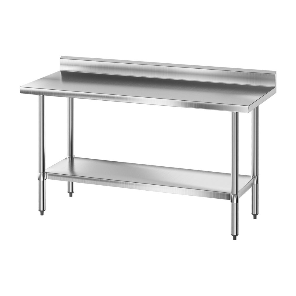 Stainless steel kitchen bench with splashback, open shelf base and four legs