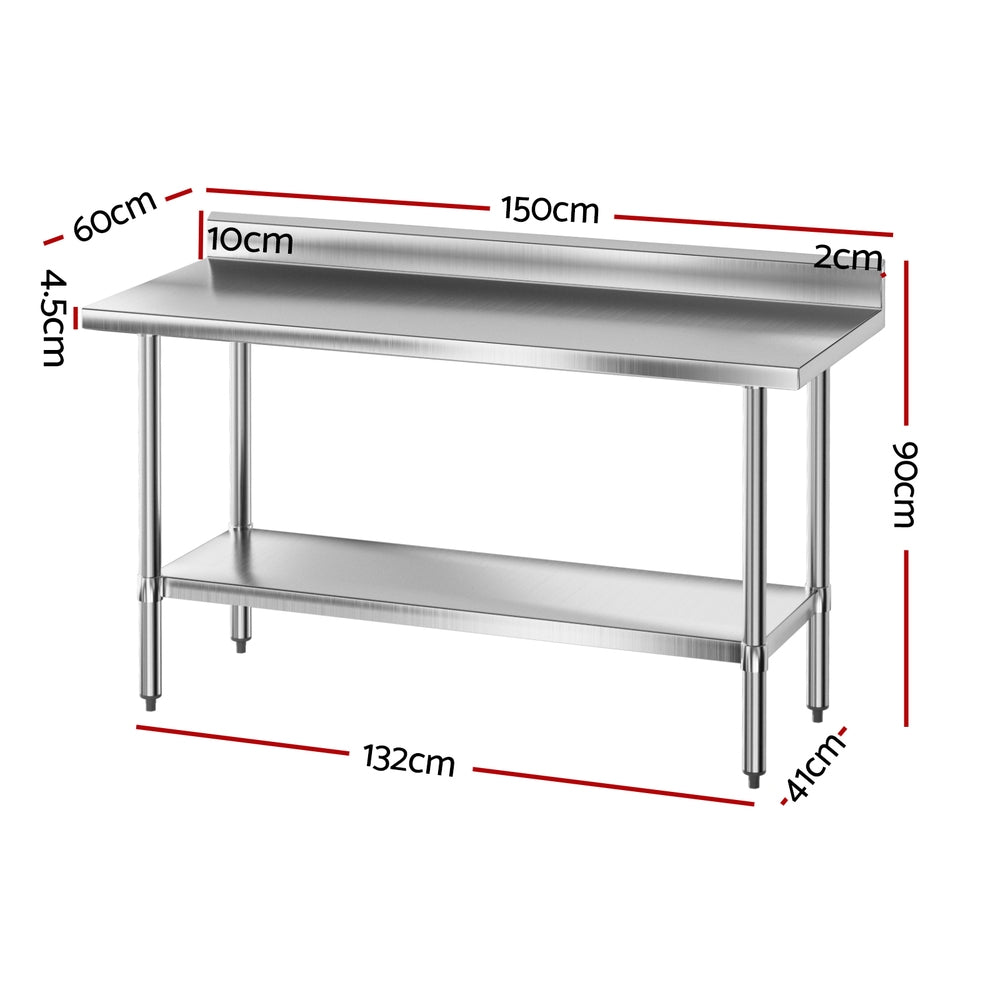 Stainless steel kitchen bench with splashback and two-tier open storage, size shown