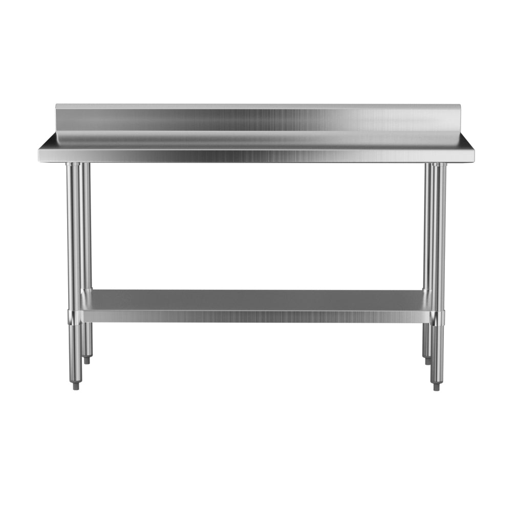 Stainless steel kitchen bench with splashback, front view with two open shelves