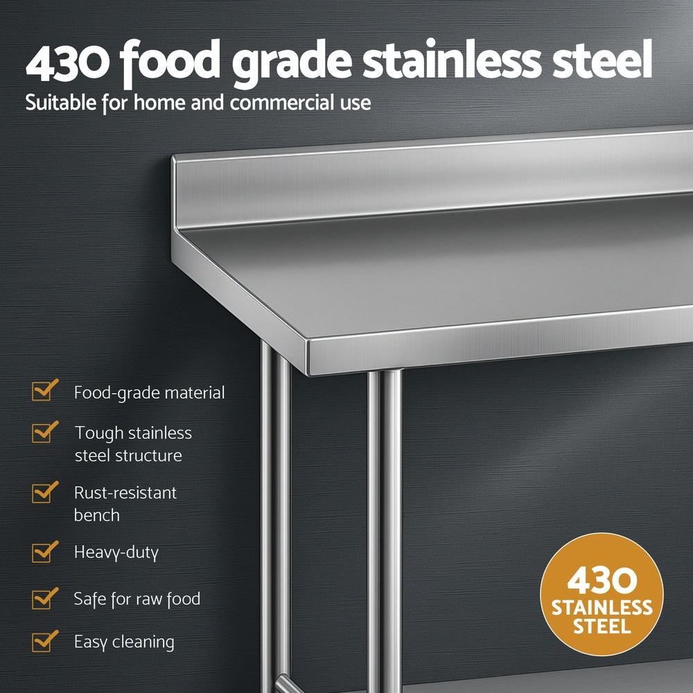 430 stainless steel kitchen bench with splashback and two open support shelves