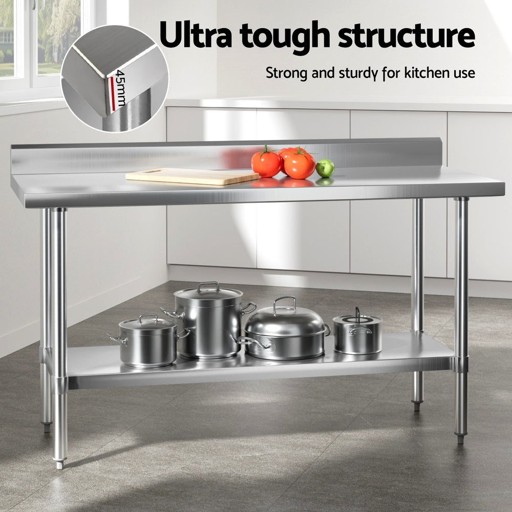 Stainless steel kitchen bench with splashback and lower shelf for kitchen items