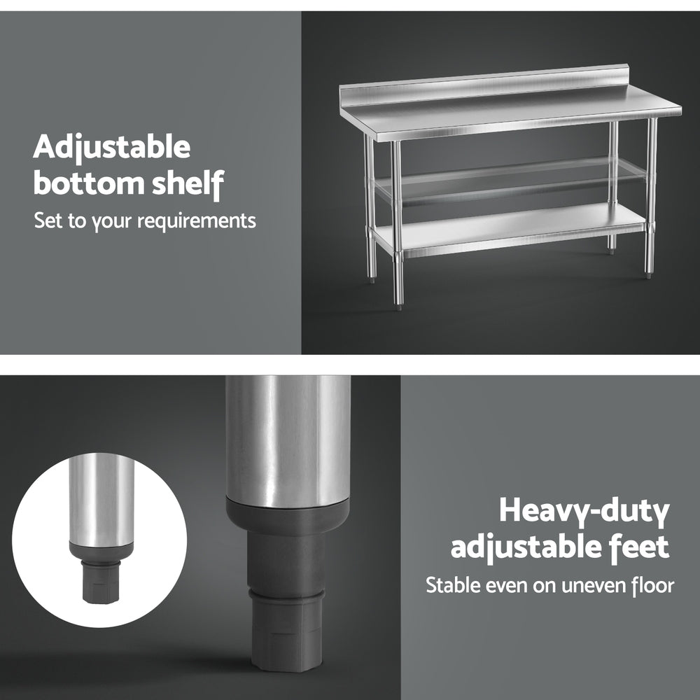 Stainless steel kitchen bench with splashback and adjustable bottom feet detail