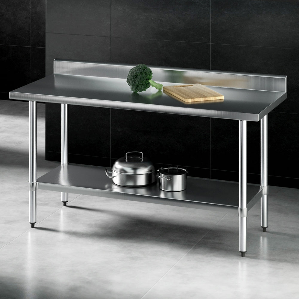 Stainless steel kitchen bench with splashback, lower shelf and sturdy side legs