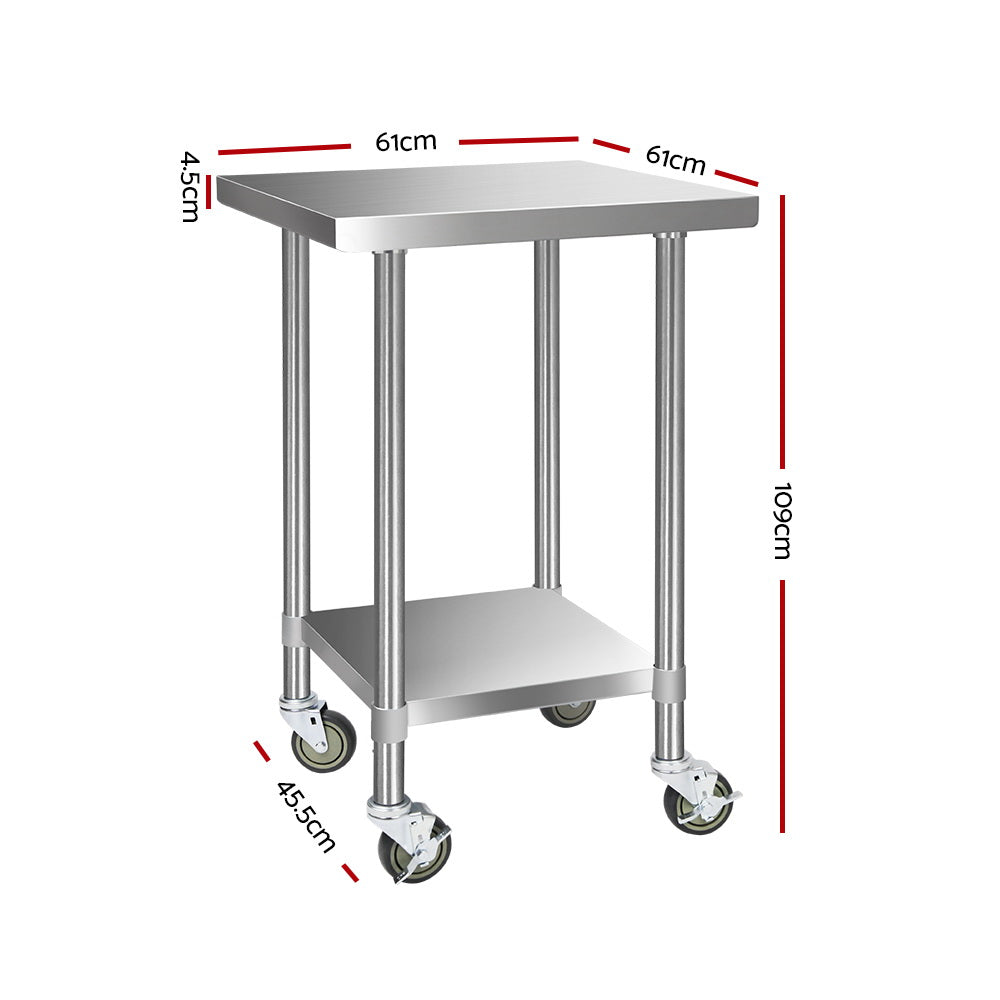 Stainless steel kitchen bench with lower shelf and caster wheels, side view with frame