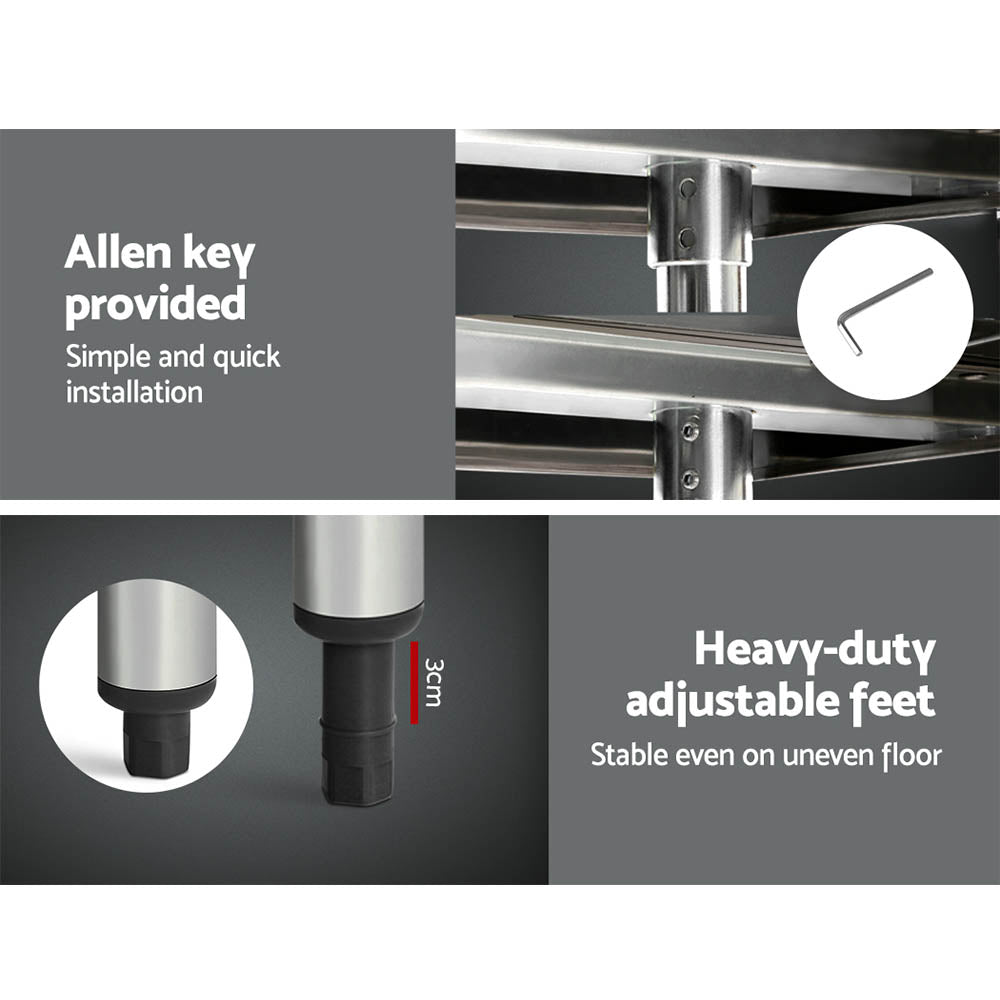 Stainless steel bench with adjustable feet, close-up on foot base and frame hardware