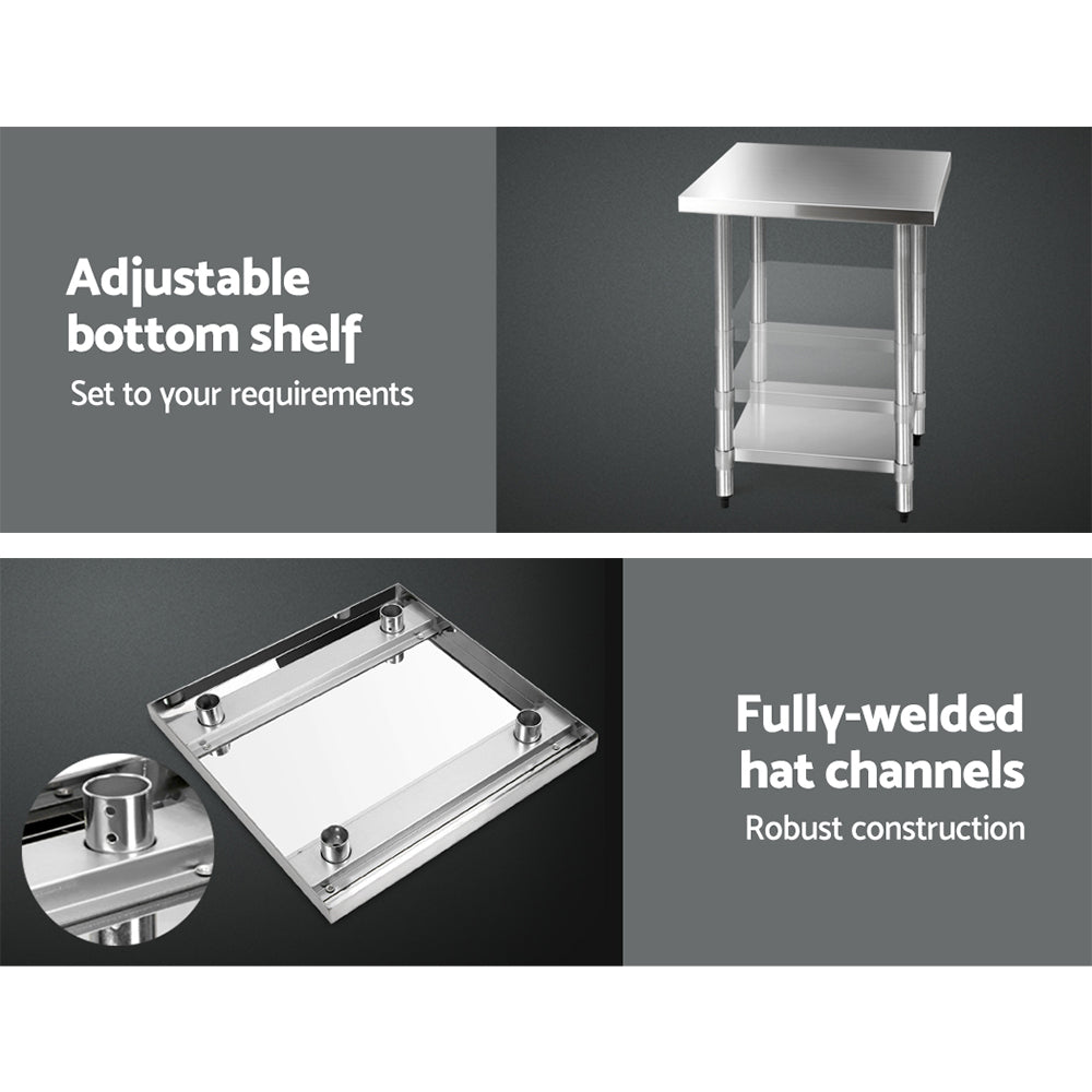 Stainless steel kitchen bench with adjustable bottom shelf and fully welded frame channels