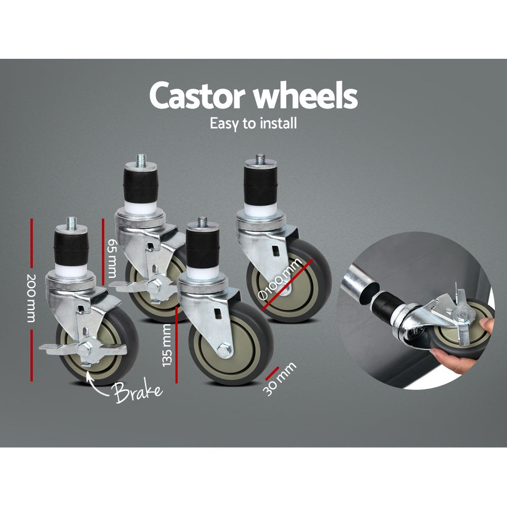 Caster wheel set with brake for stainless steel kitchen bench, showing multiple wheel plates