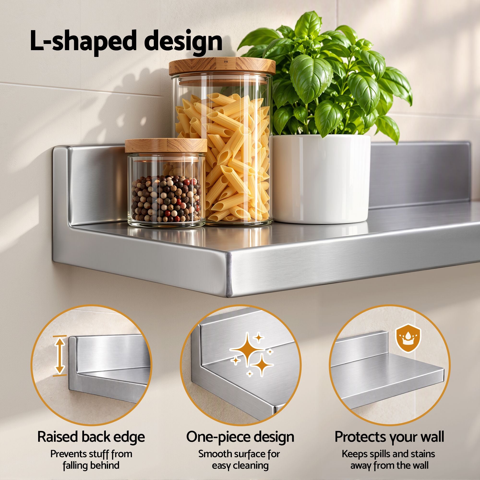 Cefito 610 x 220mm 430 Stainless Steel L-Shaped Kitchen Wall Shelf Bedworld