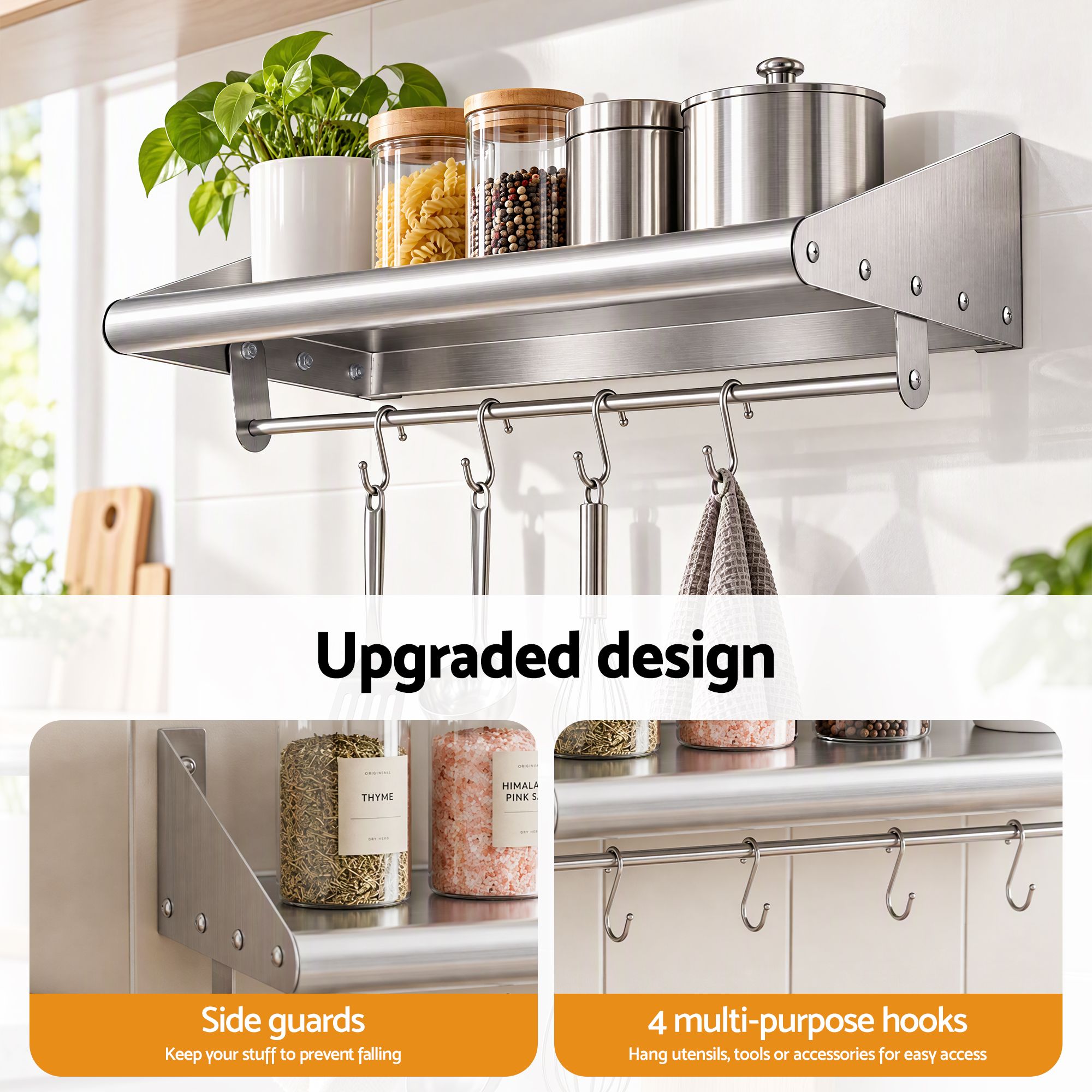 Cefito 610mm 430 Stainless Steel Wall Shelf with Hooks and Side Guards Bedworld