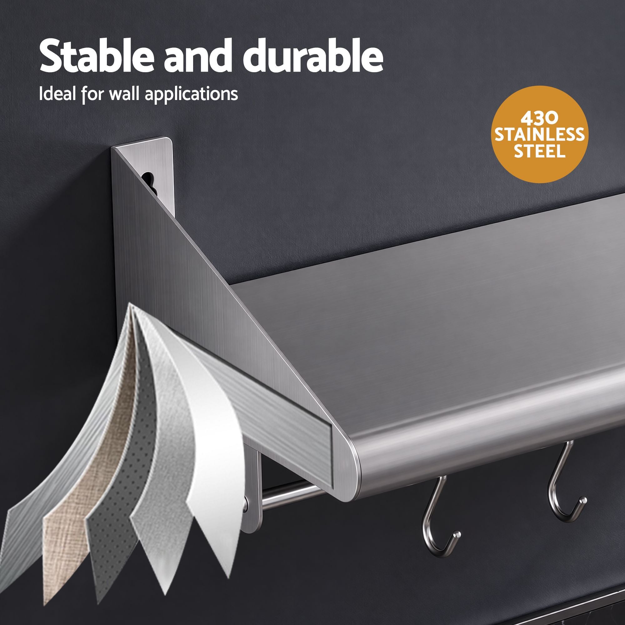 Cefito 610mm 430 Stainless Steel Wall Shelf with Hooks and Side Guards Bedworld