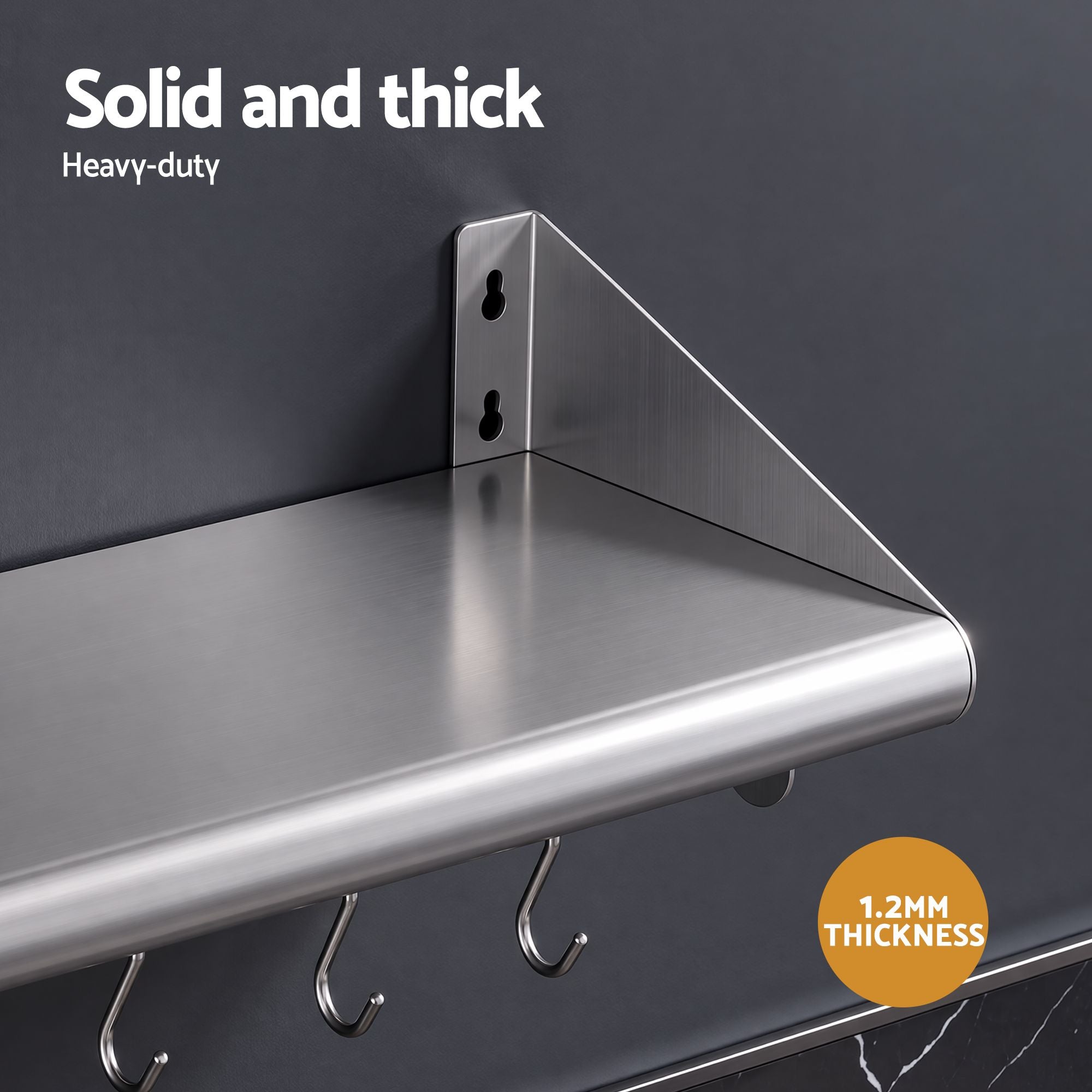 Cefito 610mm 430 Stainless Steel Wall Shelf with Hooks and Side Guards Bedworld