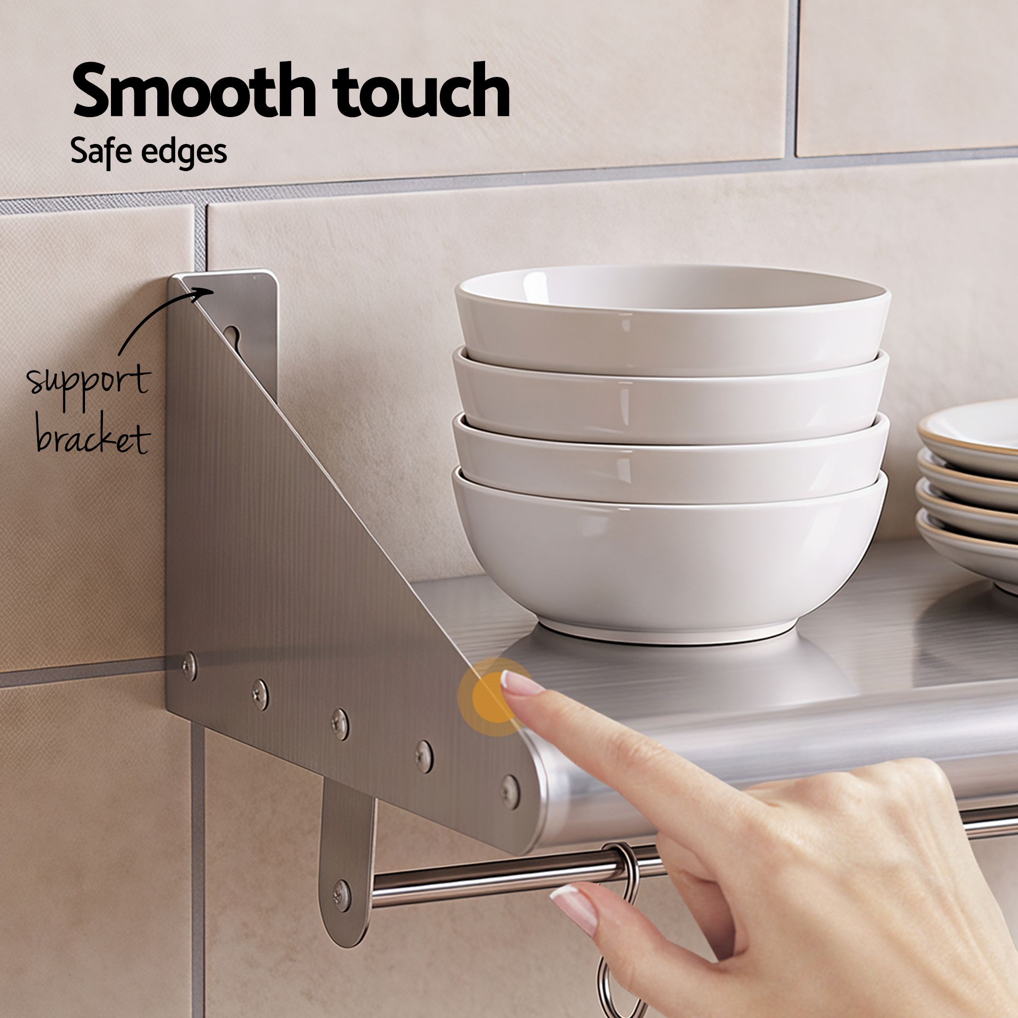 Cefito 610mm 430 Stainless Steel Wall Shelf with Hooks and Side Guards Bedworld