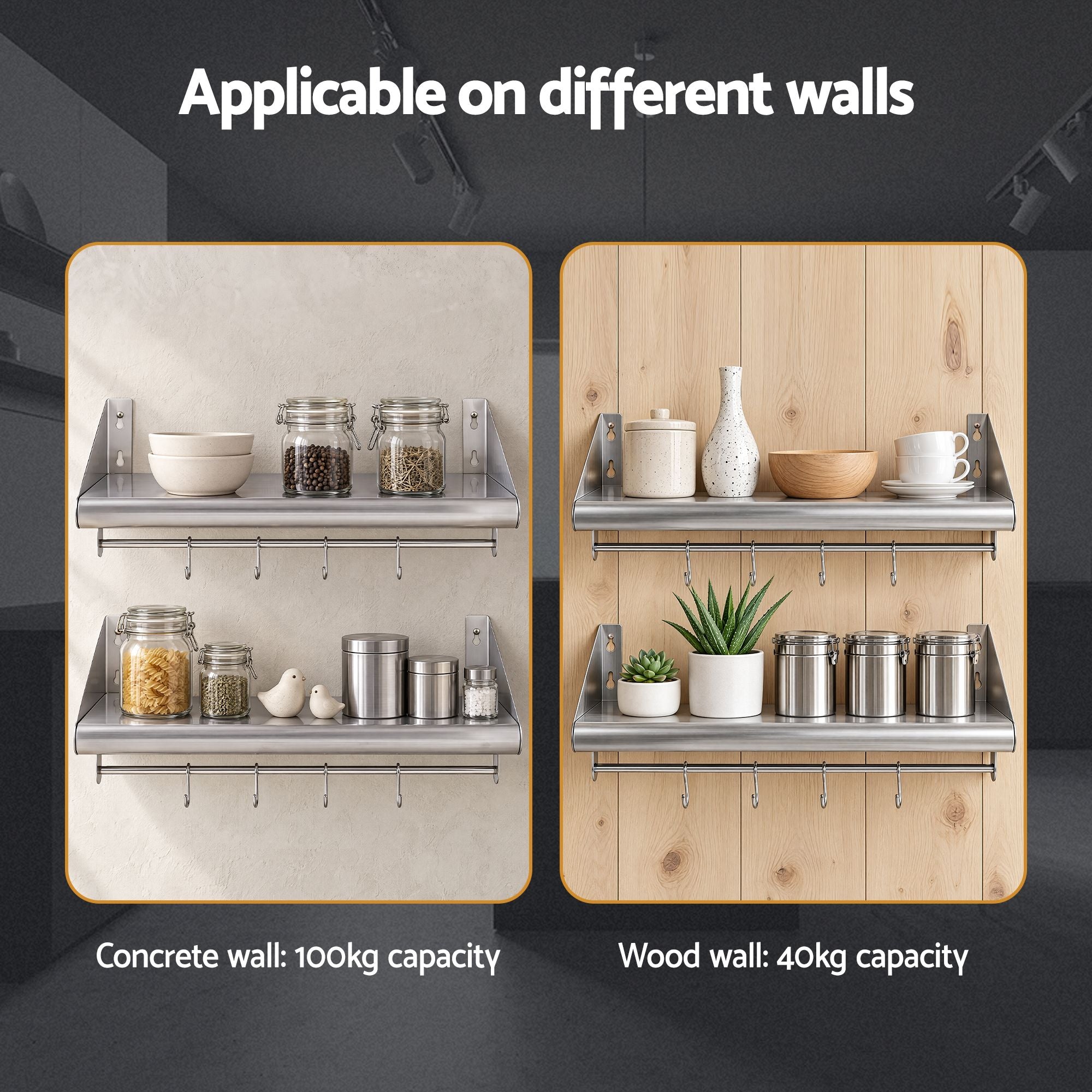 Cefito 610mm 430 Stainless Steel Wall Shelf with Hooks and Side Guards Bedworld