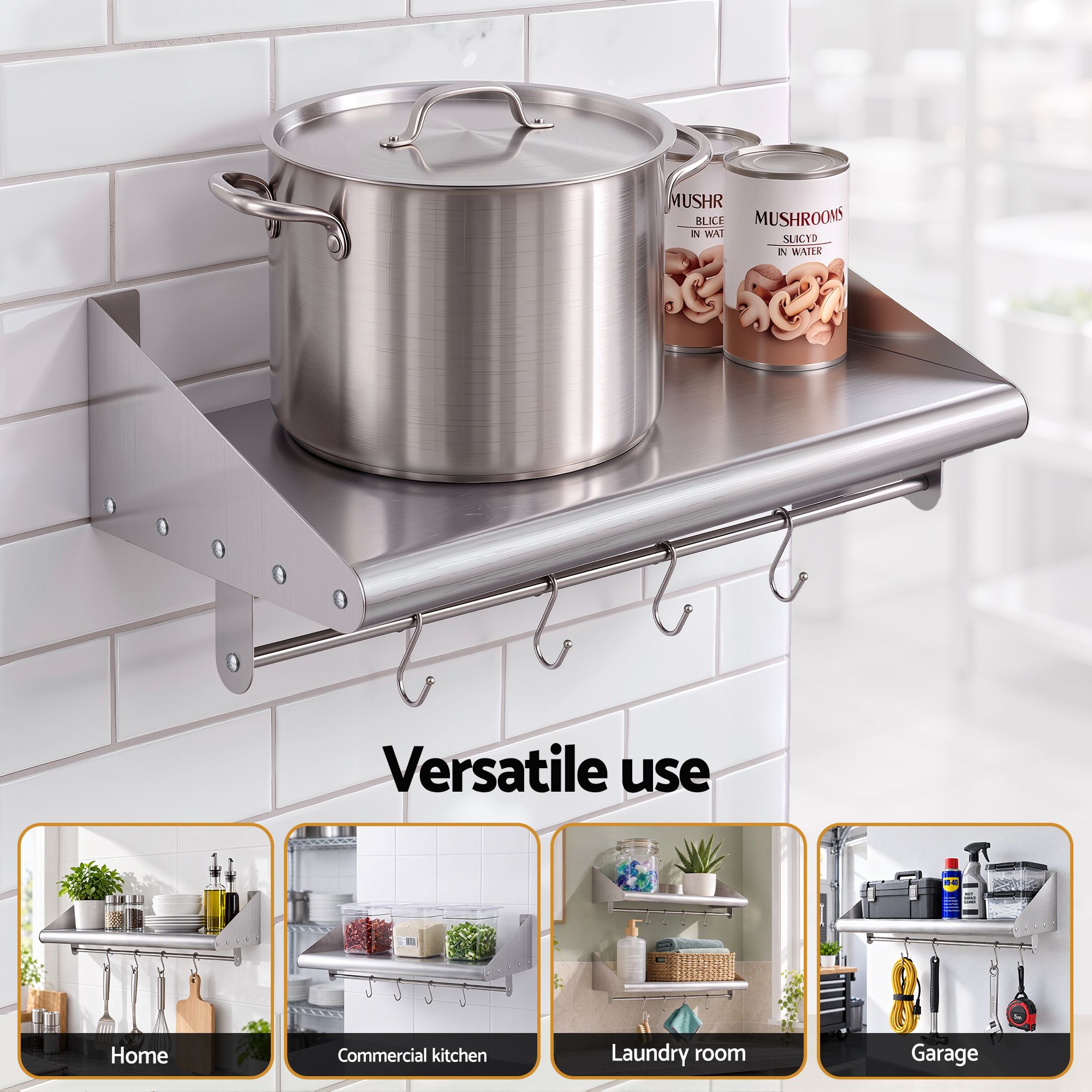 Cefito 610mm 430 Stainless Steel Wall Shelf with Hooks and Side Guards Bedworld