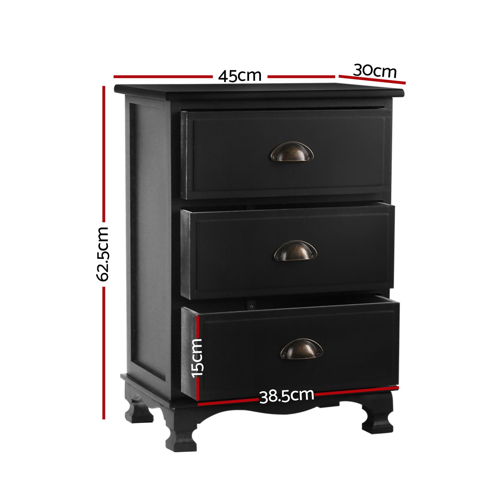 Black 3-drawer bedside table with dimensions shown; arched metal drawer pulls