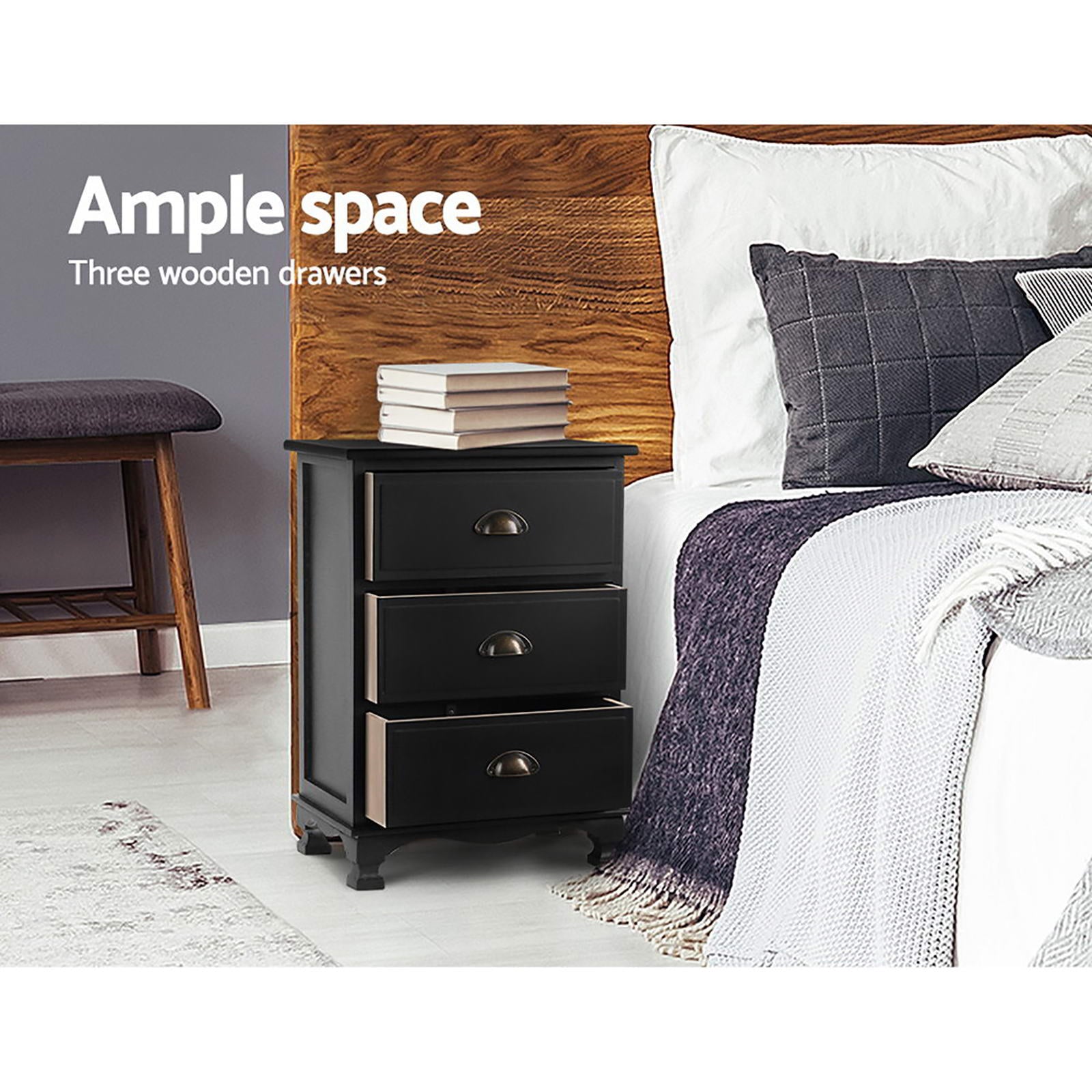 Black bedside table with three drawers and arched handles; ample storage layout shown