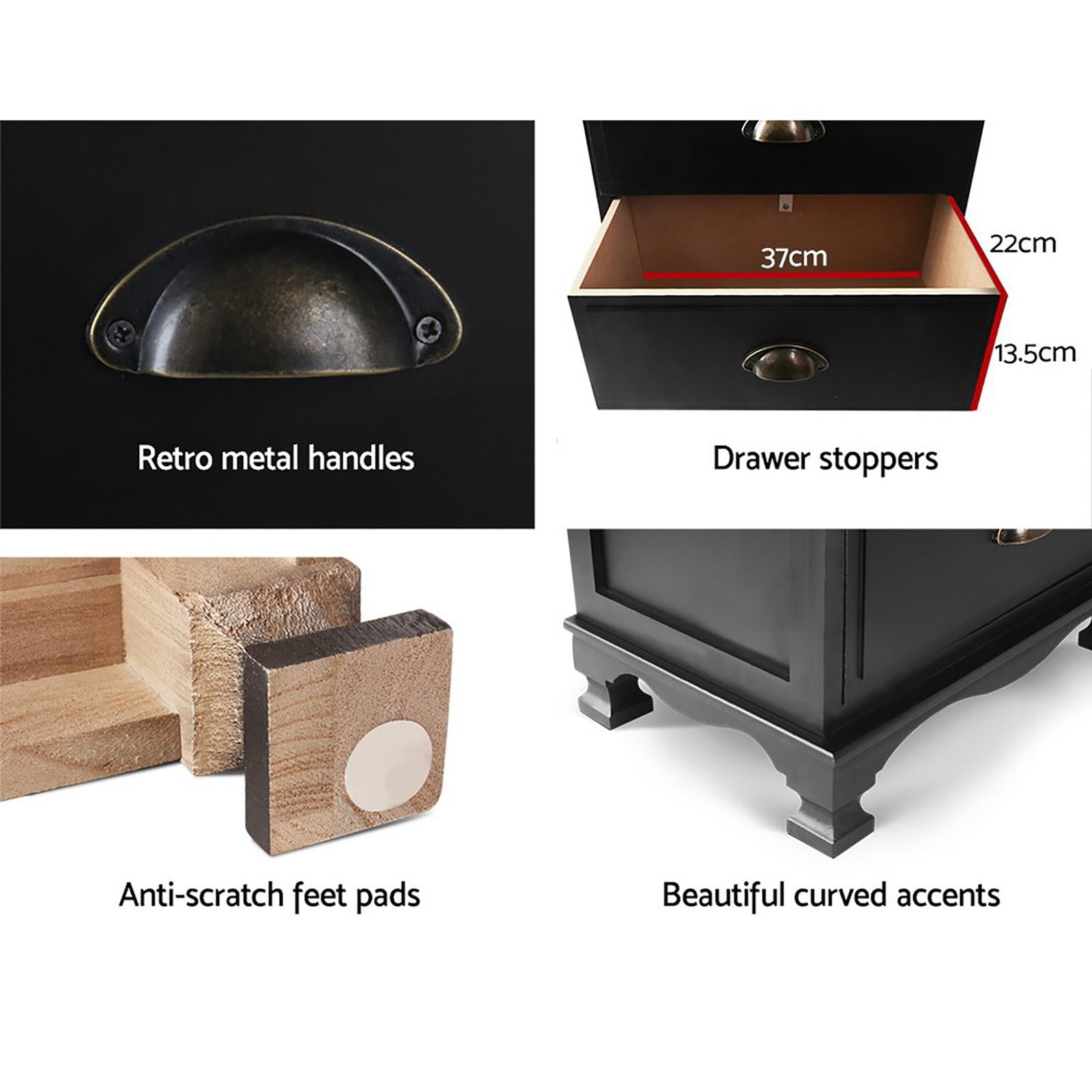 Black bedside table details: arched metal handles, drawer stoppers, and curved accents