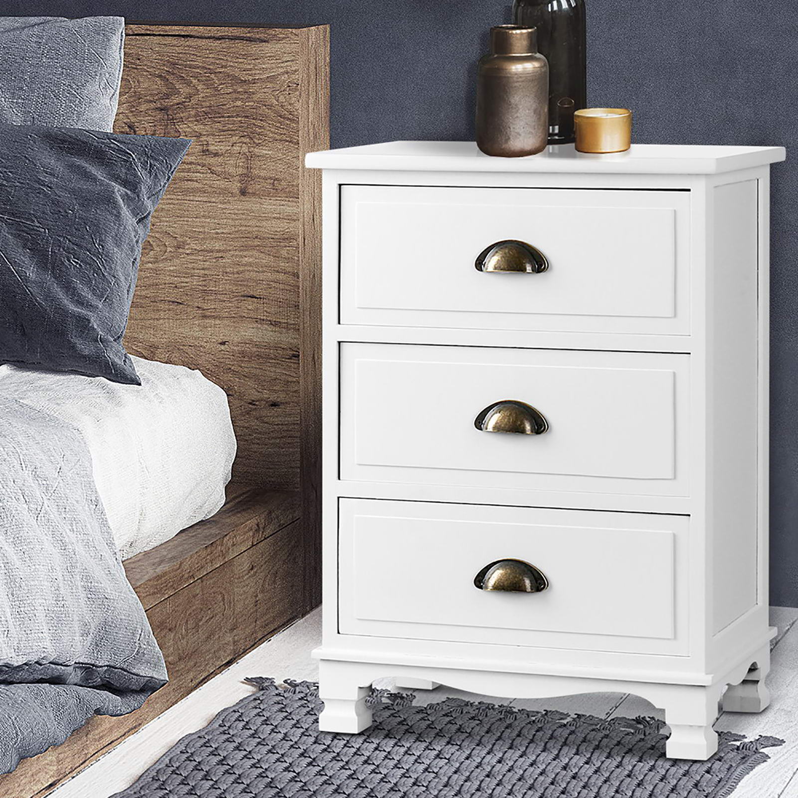 Artiss 2x Bedside Table 3 Drawers Vintage - THYME White Bedworld