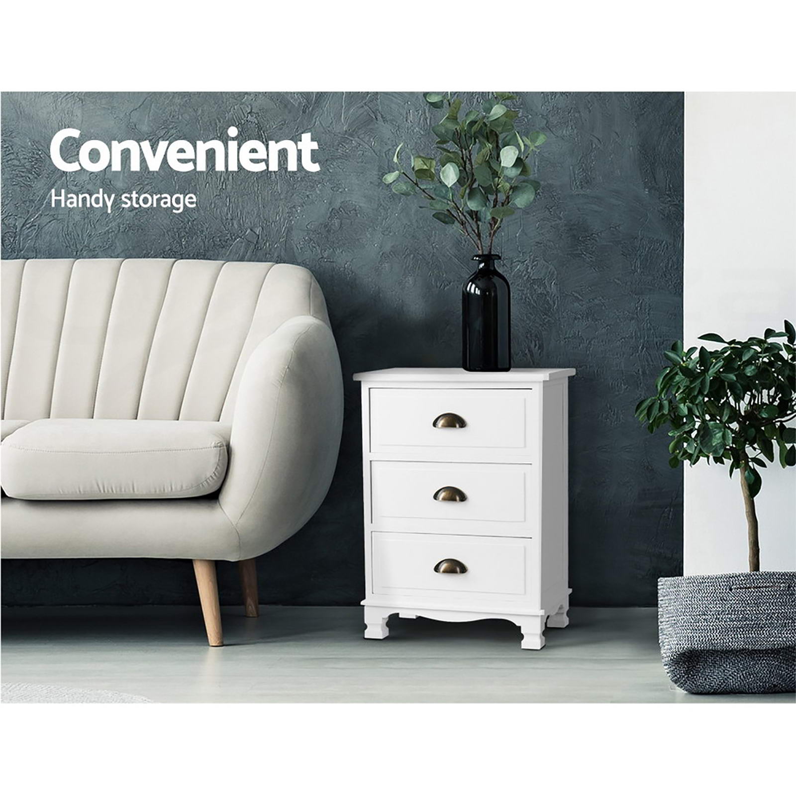 Artiss 2x Bedside Table 3 Drawers Vintage - THYME White Bedworld
