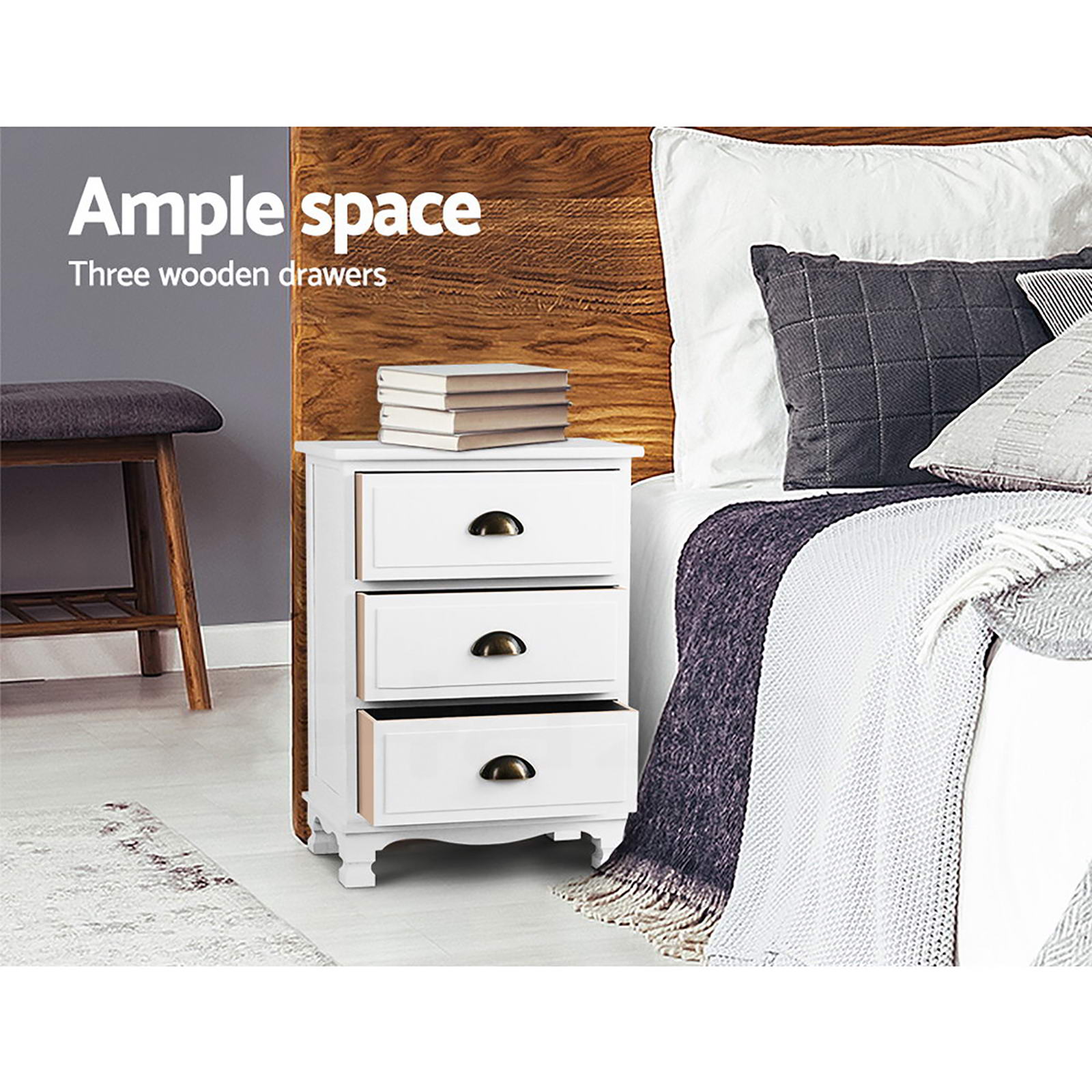 Artiss 2x Bedside Table 3 Drawers Vintage - THYME White Bedworld