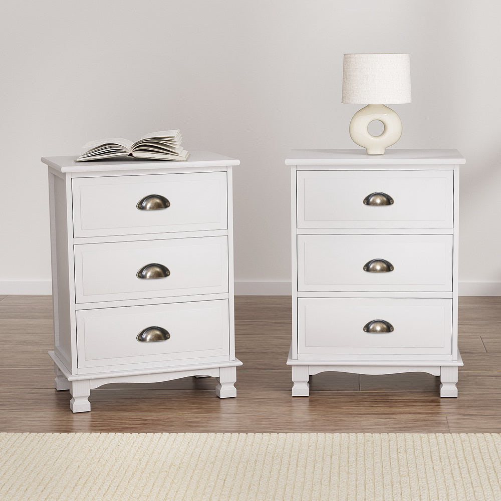 Artiss 2x Bedside Table 3 Drawers Vintage - THYME White Bedworld