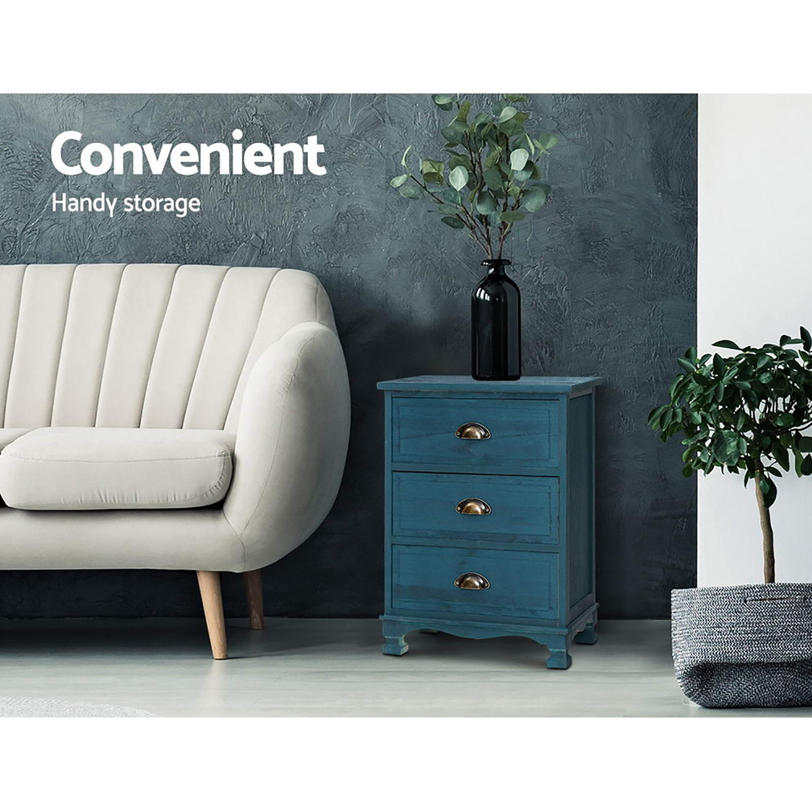 Artiss 2x Bedside Table 3 Drawers Vintage - THYME Blue Bedworld