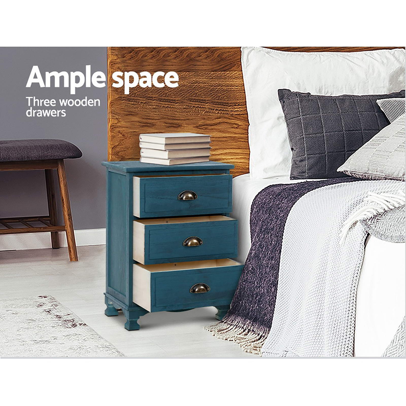 Artiss 2x Bedside Table 3 Drawers Vintage - THYME Blue Bedworld