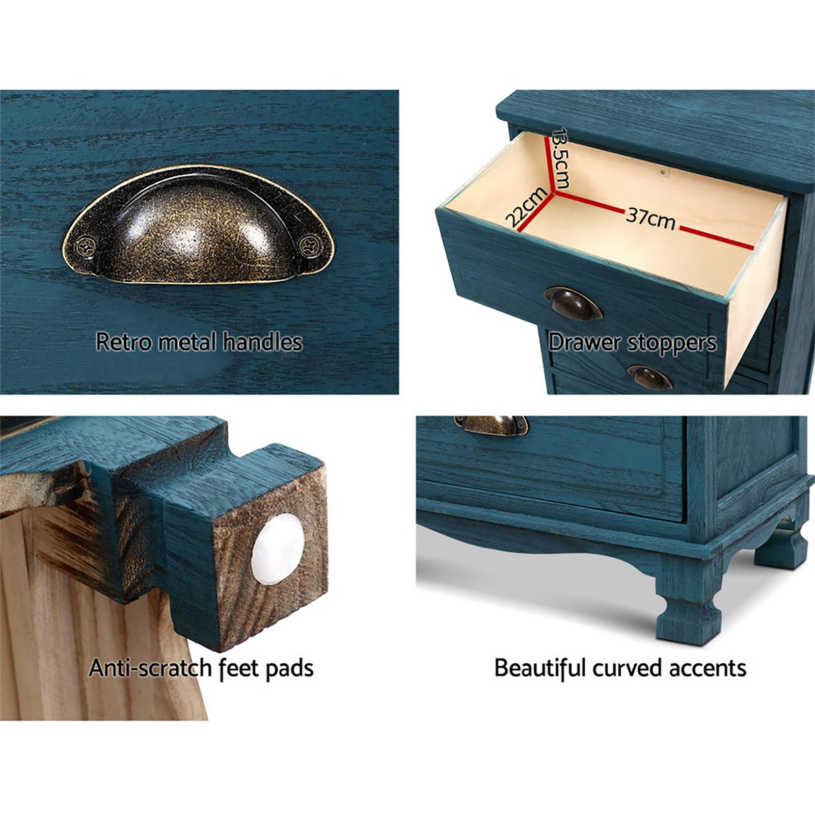 Artiss 2x Bedside Table 3 Drawers Vintage - THYME Blue Bedworld