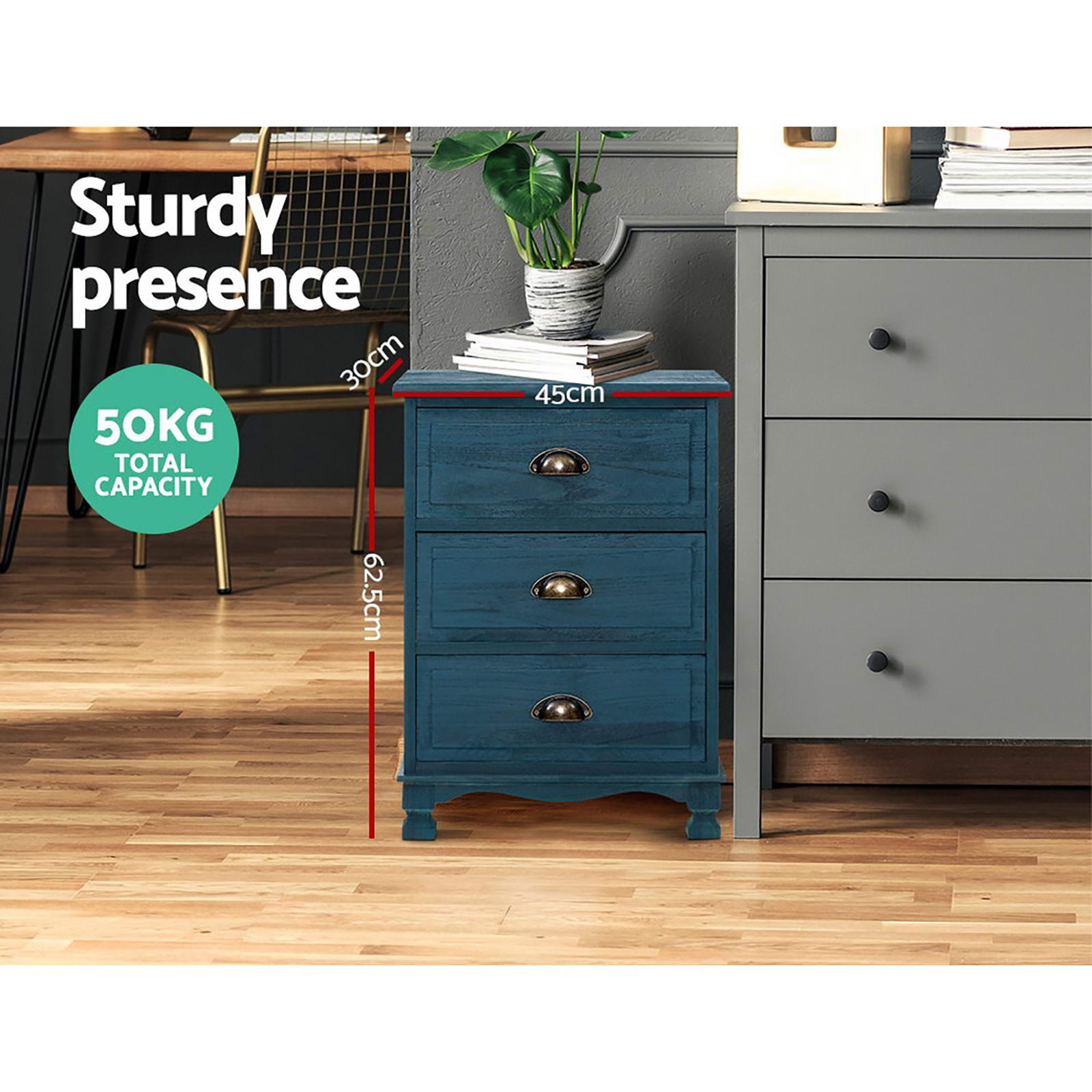 Artiss 2x Bedside Table 3 Drawers Vintage - THYME Blue Bedworld